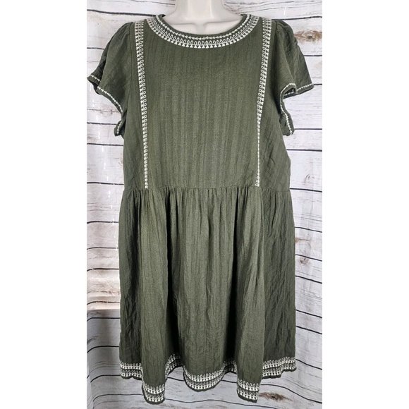 LOFT Dresses & Skirts - LOFT Olive Green Gauze Embroidered Dress L Boho Flutter Sleeve Shift Cotton